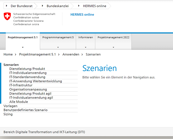 Projektmanagementmethode Hermes 5: Szenarien