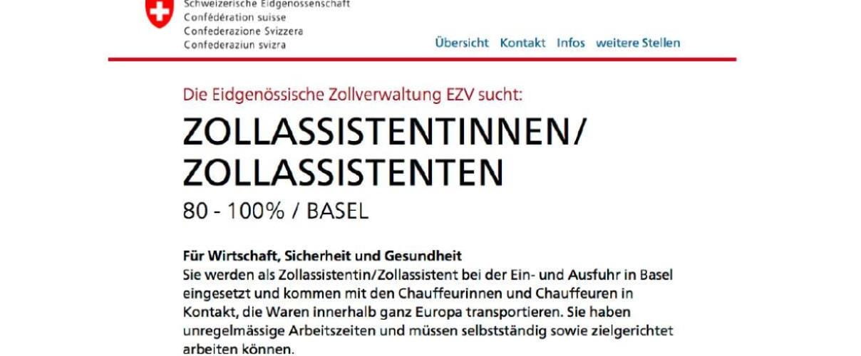 Stelleninserat Eidgenössische Zollverwaltung Stelleninserat Eidgenössische Zollverwaltung
