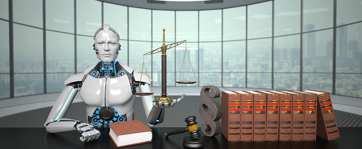 Roboter mit Waagschale und Rechtsbüchern