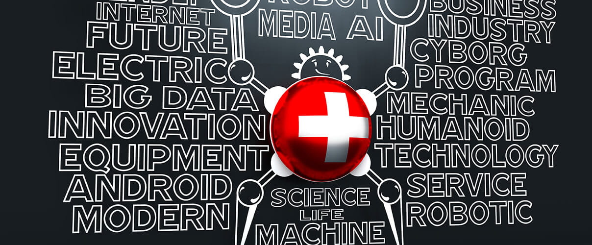 Schweizer Signet umgeben von digitalen Begriffen