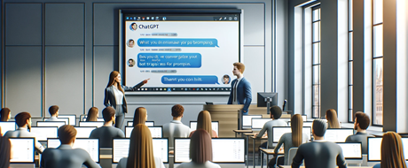 Studierende im Unterricht vor Screen mit Aufschrift ChatGPT