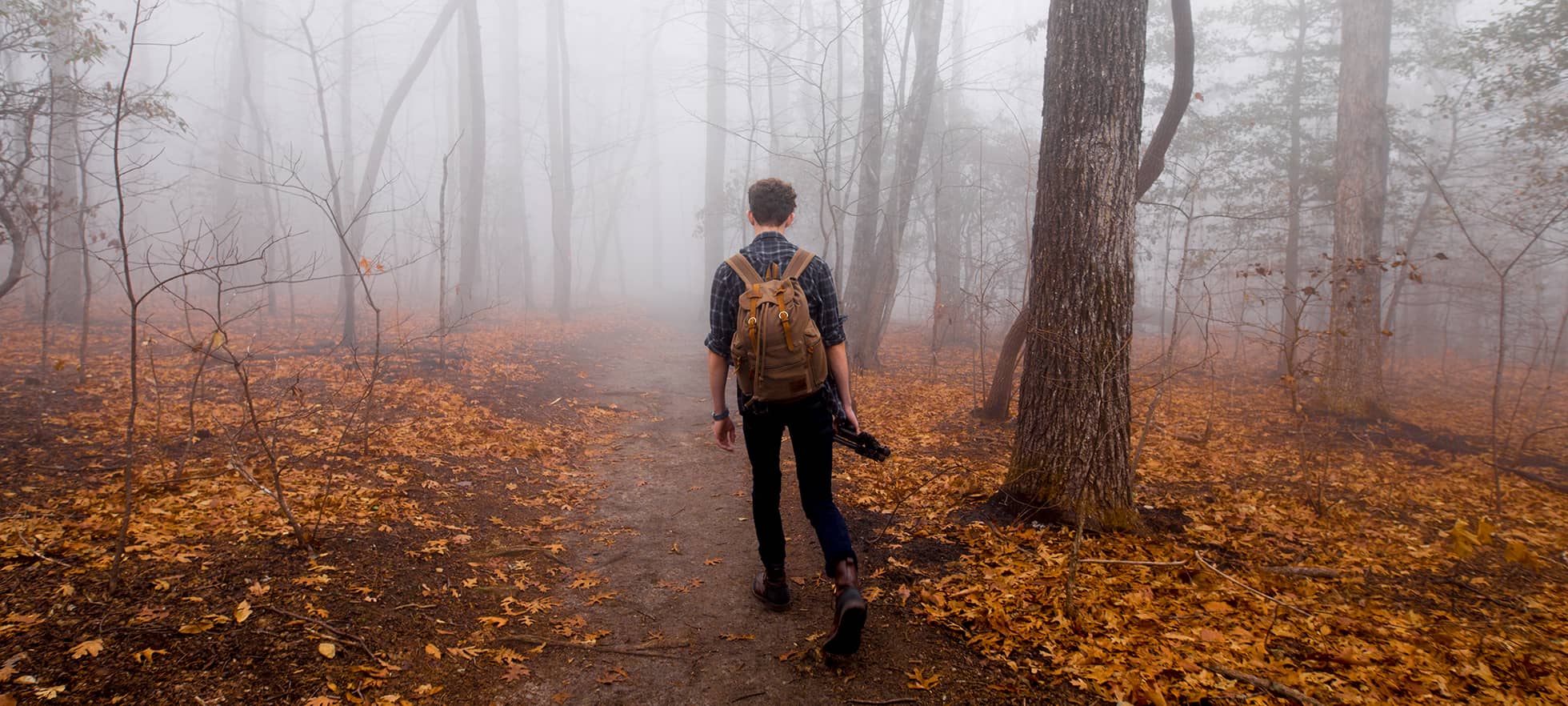 Mann auf Waldweg im Nebel