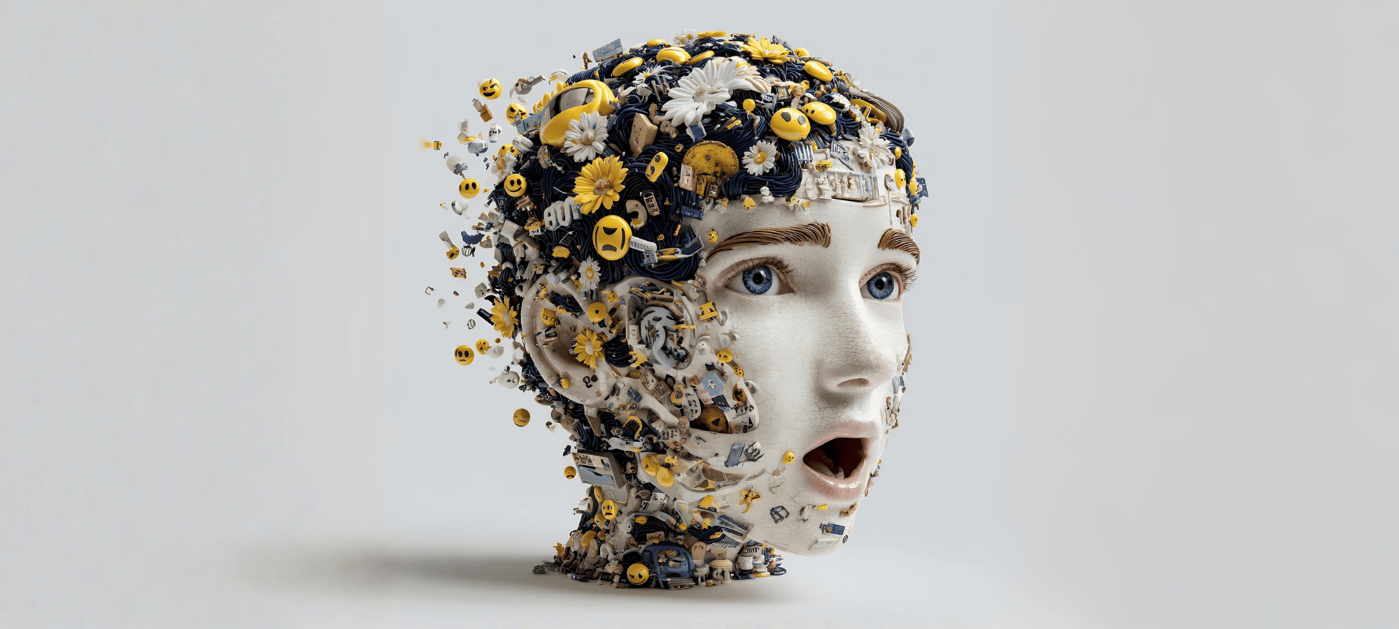 Stilisiertes 3D-Kopfporträt mit weissem Gesicht und vielen gelb-schwarzen Elementen im Haar und Gesicht.
