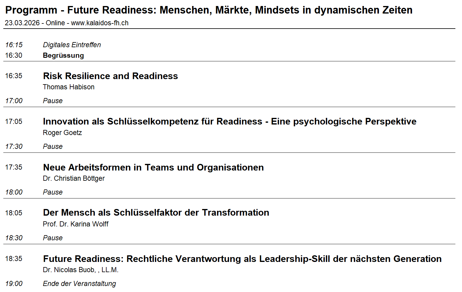 Programm für Veranstaltung