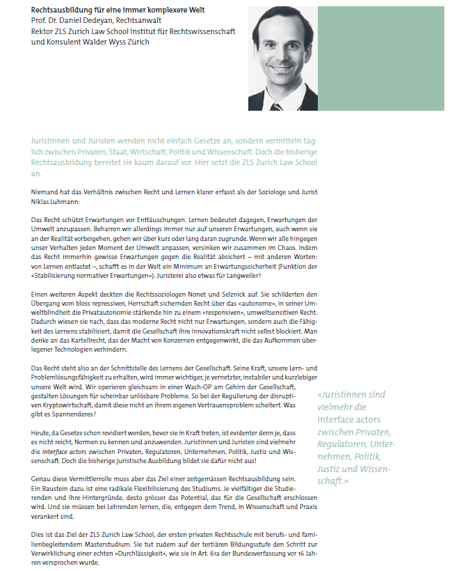 Rektor Prof. Dr. iur. Daniel Dedeyan zur ZLS Zurich Law School im Kalaidos Jahresbericht 2021 S. 16